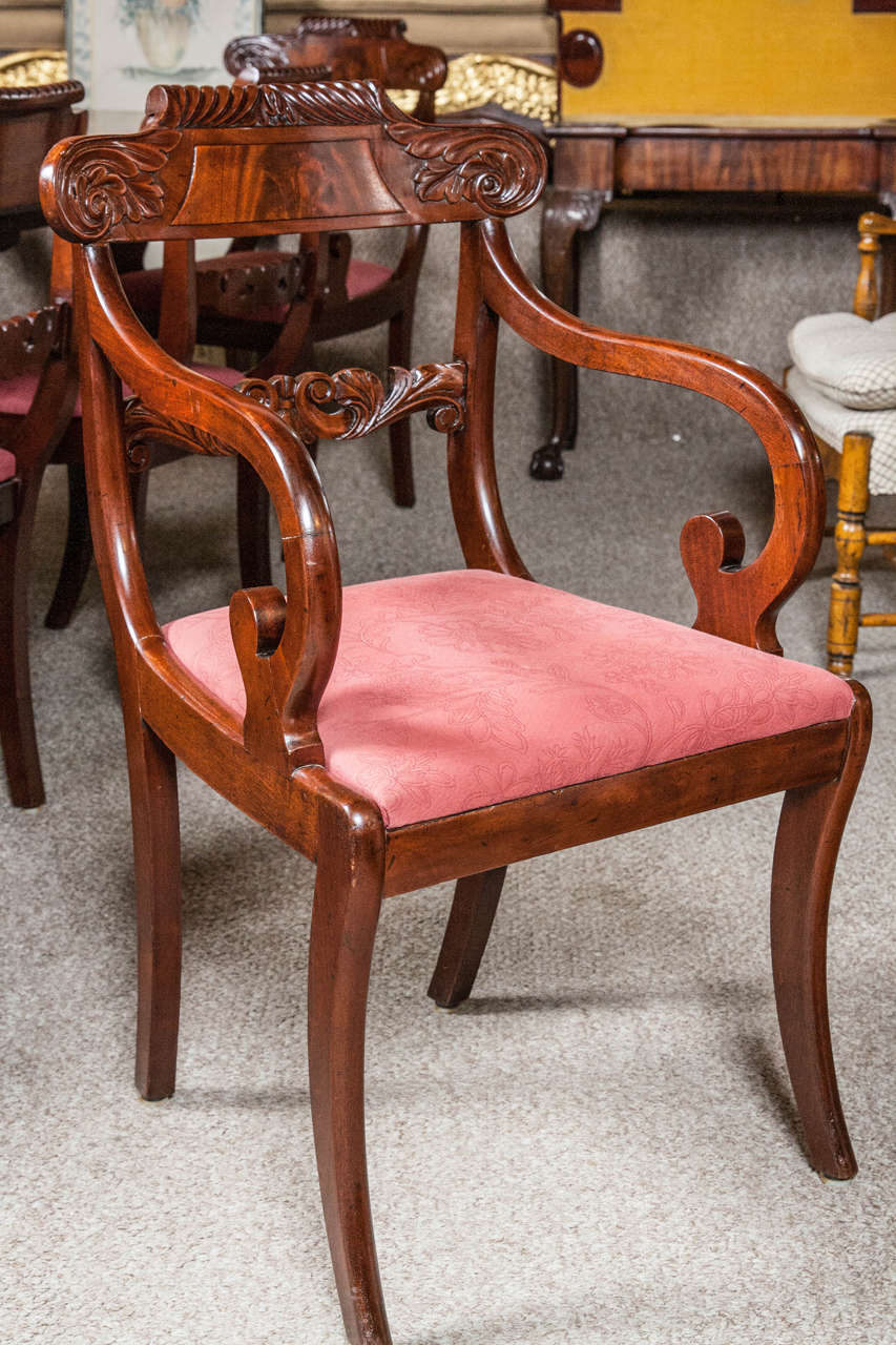 Set Eight English Regency Dining Chairs 19th C. Solid Mahogany Scroll Carvings 2