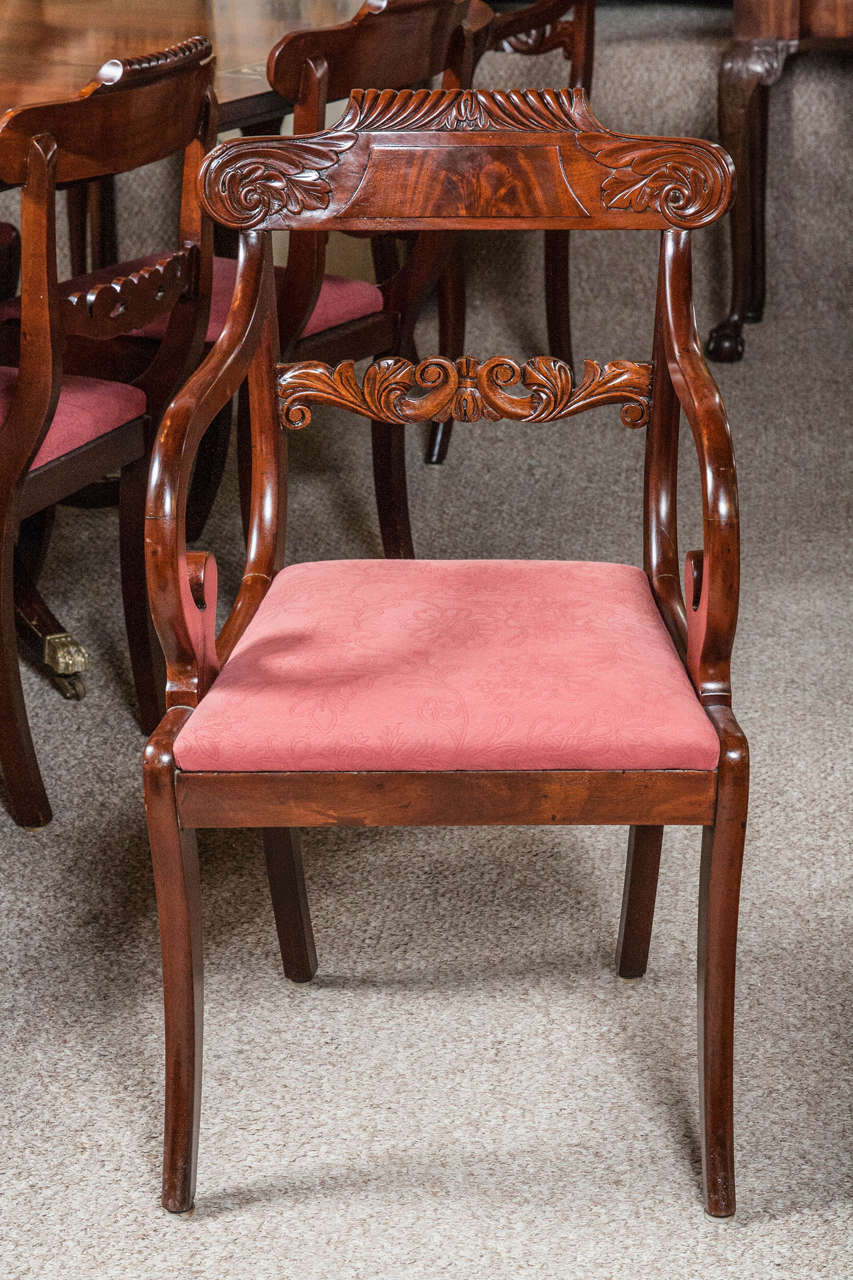 Set Eight English Regency Dining Chairs 19th C. Solid Mahogany Scroll Carvings 3