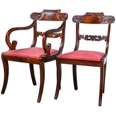 Set Eight English Regency Dining Chairs 19th C. Solid Mahogany Scroll Carvings