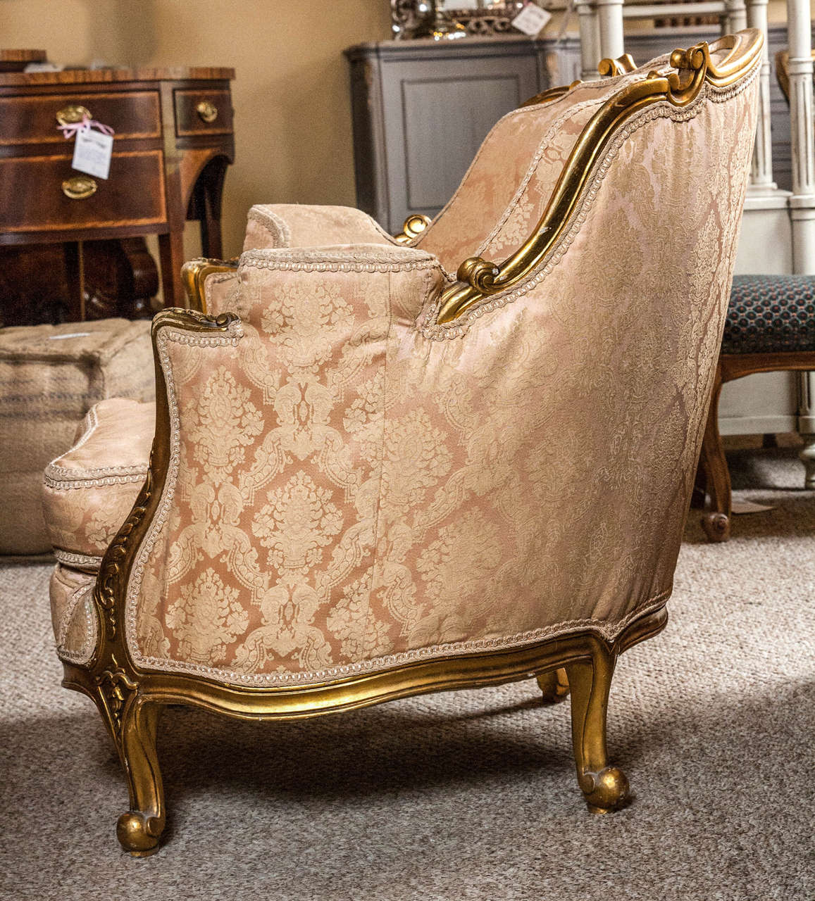 American Pair of Louis XV Style Giltwood Bergere Chairs