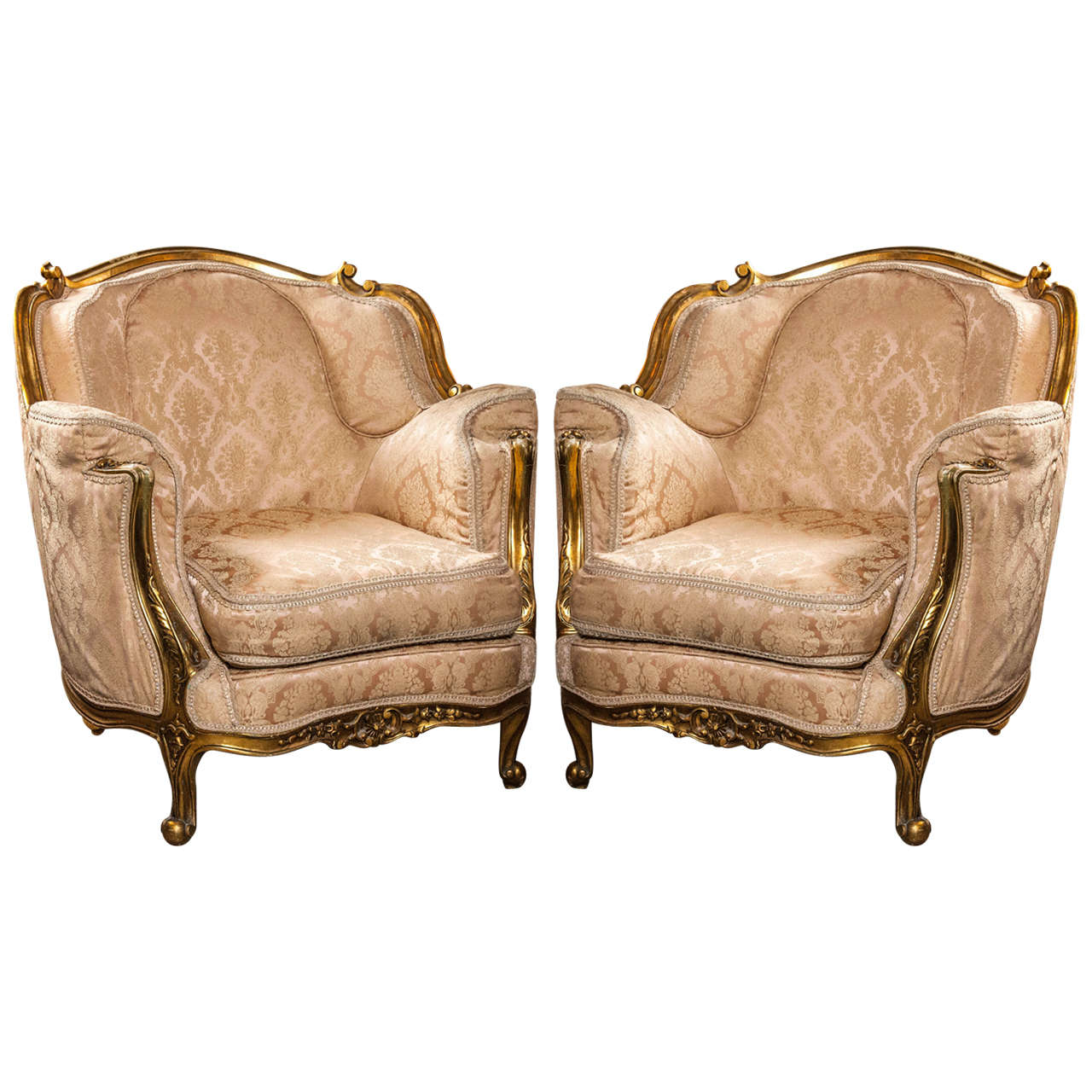 Pair of Louis XV Style Giltwood Bergere Chairs
