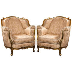 Pair of Louis XV Style Giltwood Bergere Chairs