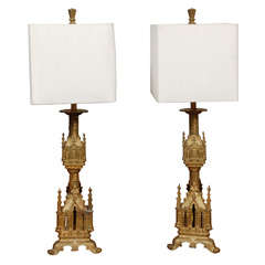 Pair Antique Gilt Bronze Table Lamps with Shades 10