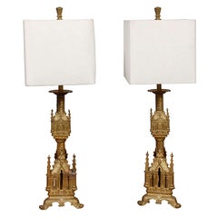 Pair Antique Gilt Bronze  Table Lamps with Shades