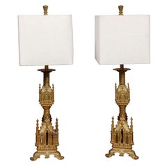 Pair Antique Gilt Bronze Table Lamps with Shades Pair Antique Gilt Bronze Table Lamps with Shades