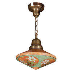 Colorful Antique Floral Hanging Glass & Brass Light Fixture