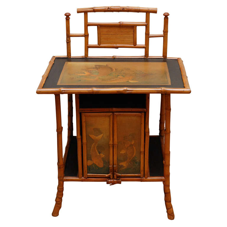 Japanese Bamboo Table w/ Painted Fish at 1stDibs