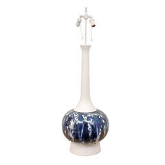 A Blue and White Glazed Earthenware Ball Form Table Lamp