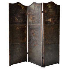 Hand Painted English Leather 3-Fold Floor Screen