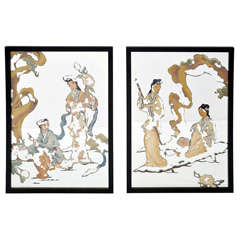Pair of Asian Reverse Painted Mirrors