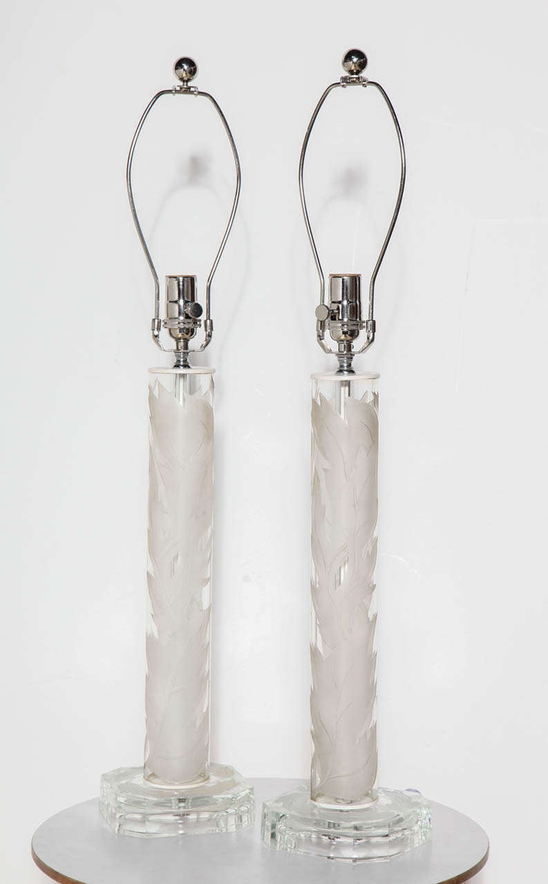 pair of 1930's French Frosted and Etched Crystal "Botanical" Candlestick Lamps