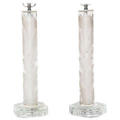 pair of 1930's French Frosted and Etched Crystal "Botanical" Candlestick Lamps