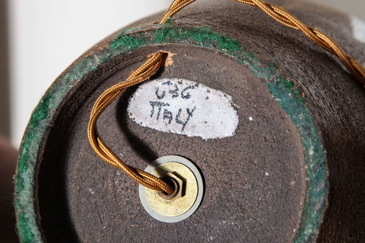 Glazed Substantial Aldo Londi Chocolate & Blue Diamond Design Pottery Table Lamp, 1950s