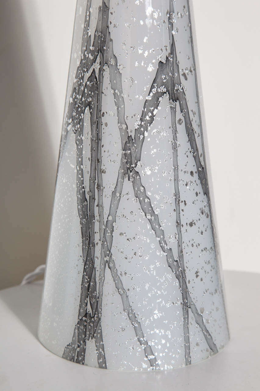 Plated Seguso Murano Gray Veined White Glass Table Lamp with Silver Inclusions  For Sale