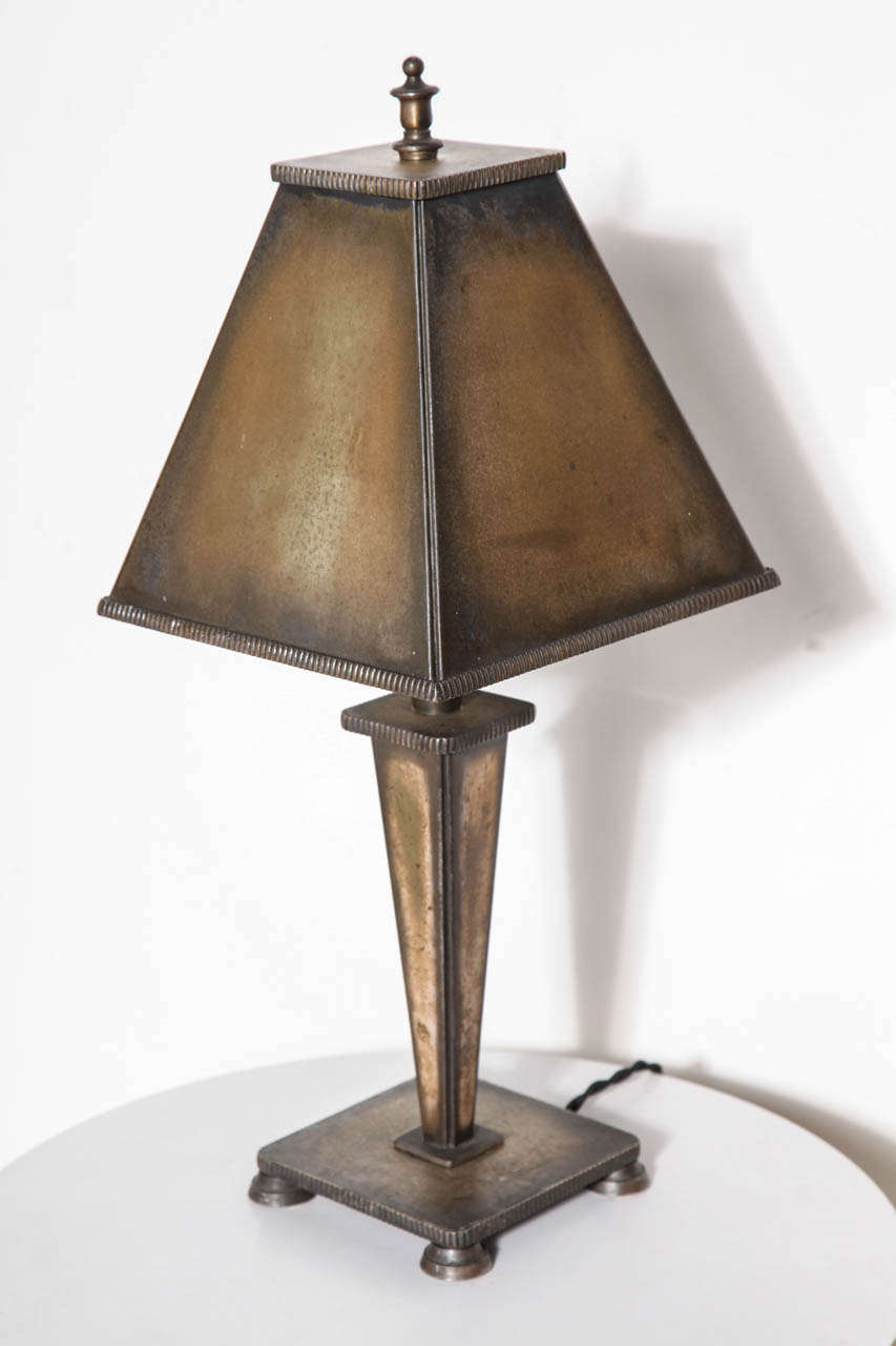 Arts & Crafts Bronze Table Lamp with Bronze Pyramidal Shade, Circa 1925 In Good Condition For Sale In Bainbridge, NY