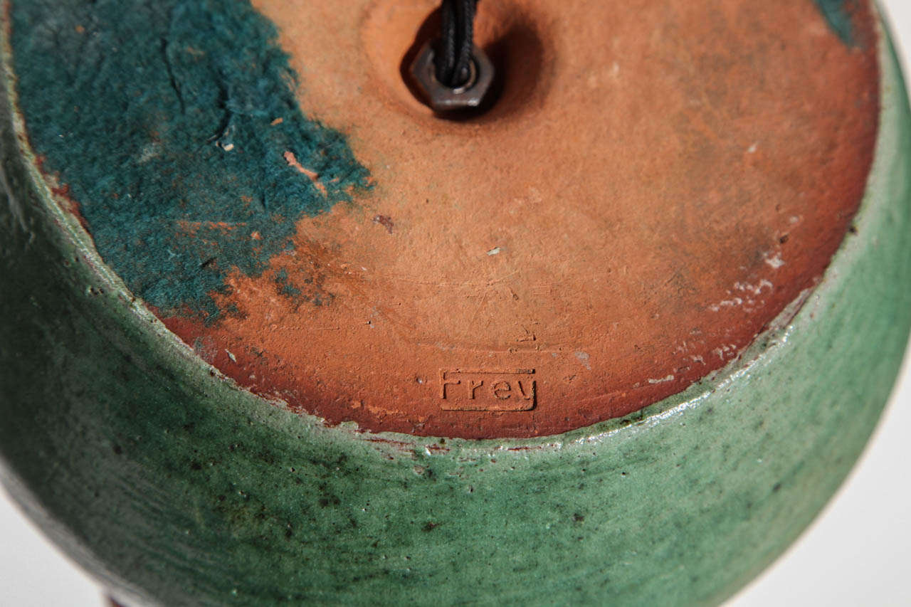 American Frey of Pennsylvania Art Pottery Pale Green Ceramic and Brass Lamp, 1920s