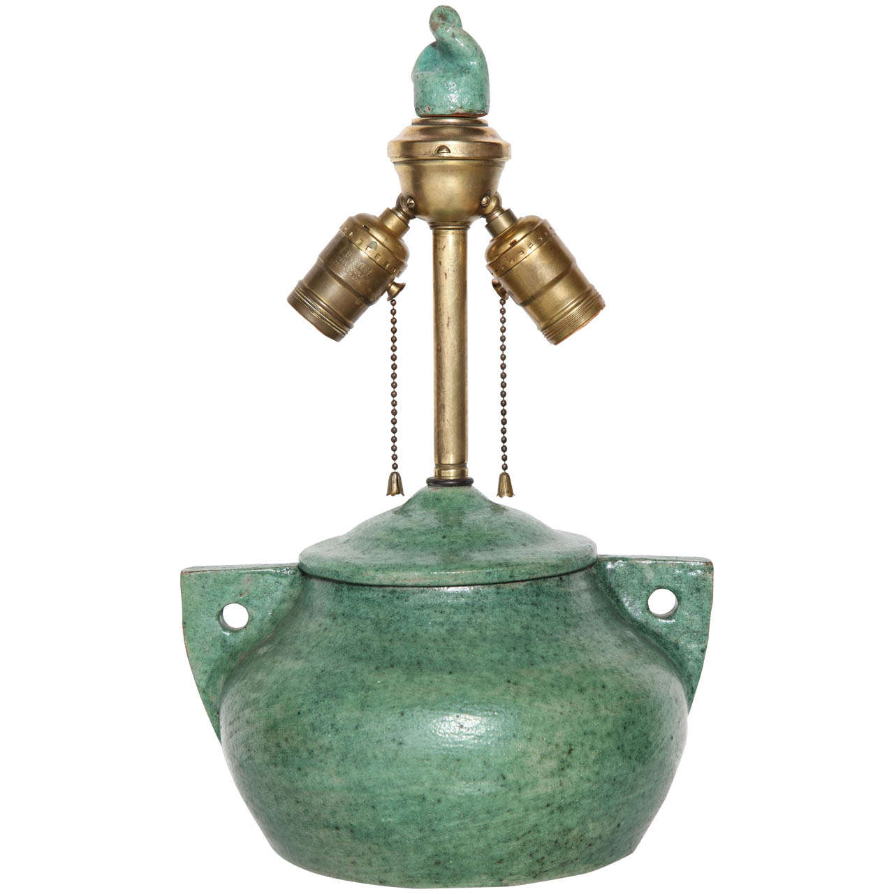 Frey of Pennsylvania Art Pottery Pale Green Ceramic and Brass Lamp, 1920s 