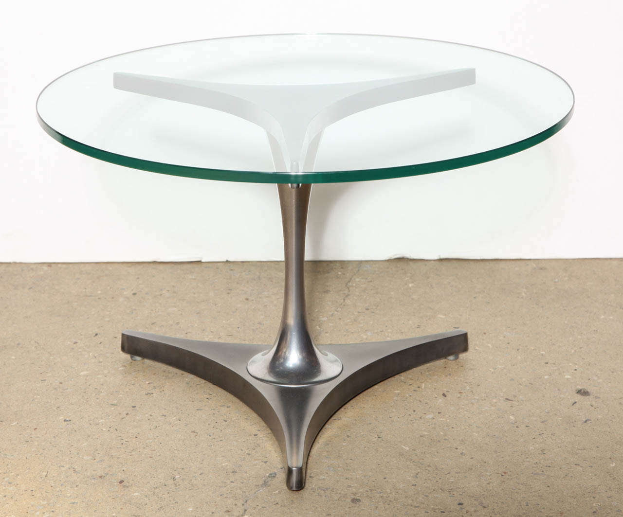 2 small Atomic style Aluminum Company of America Brushed Aluminum Occasional Tables on tripod bases with new 1/2