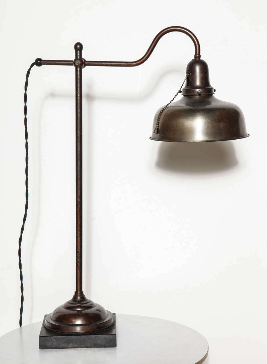 American Edwardian Bronzed Brass and Black Slate Hook Neck Desk Lamp with Bell Shade