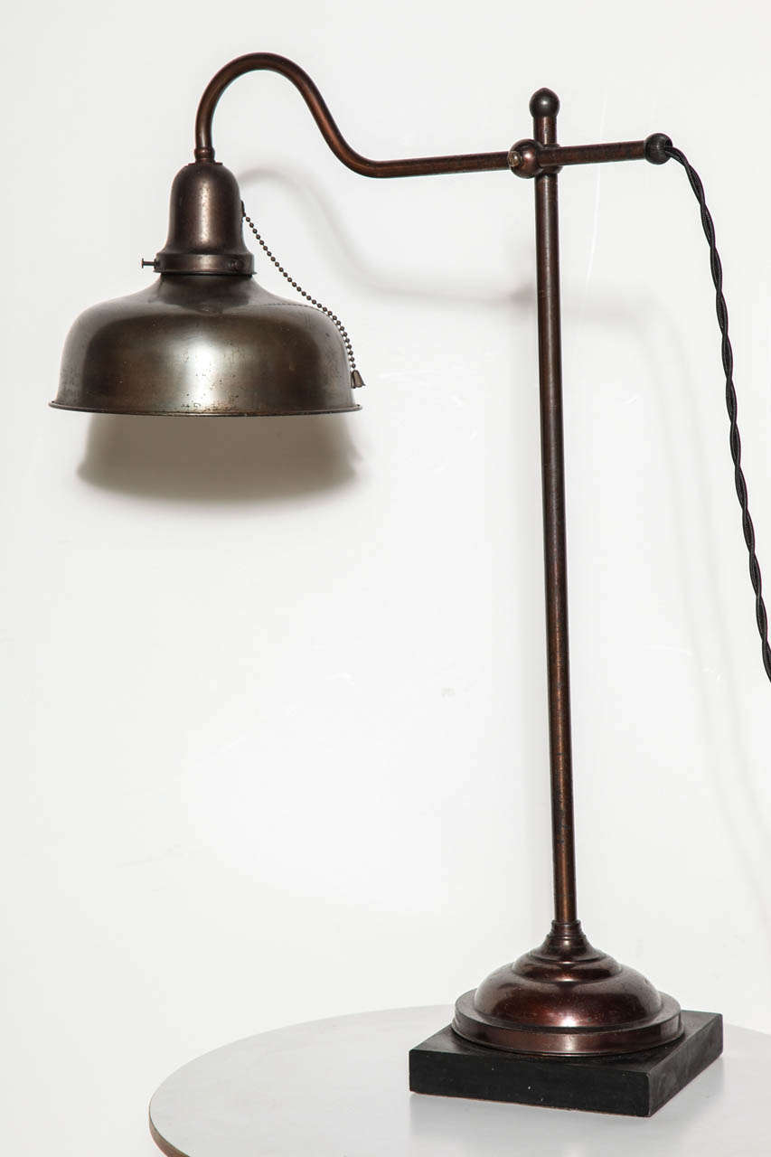 Edwardian Bronzed Brass and Black Slate Hook Neck Desk Lamp with Bell Shade 1
