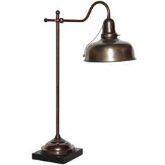 Antique Edwardian Bronzed Brass and Black Slate Hook Neck Desk Lamp with Bell Shade