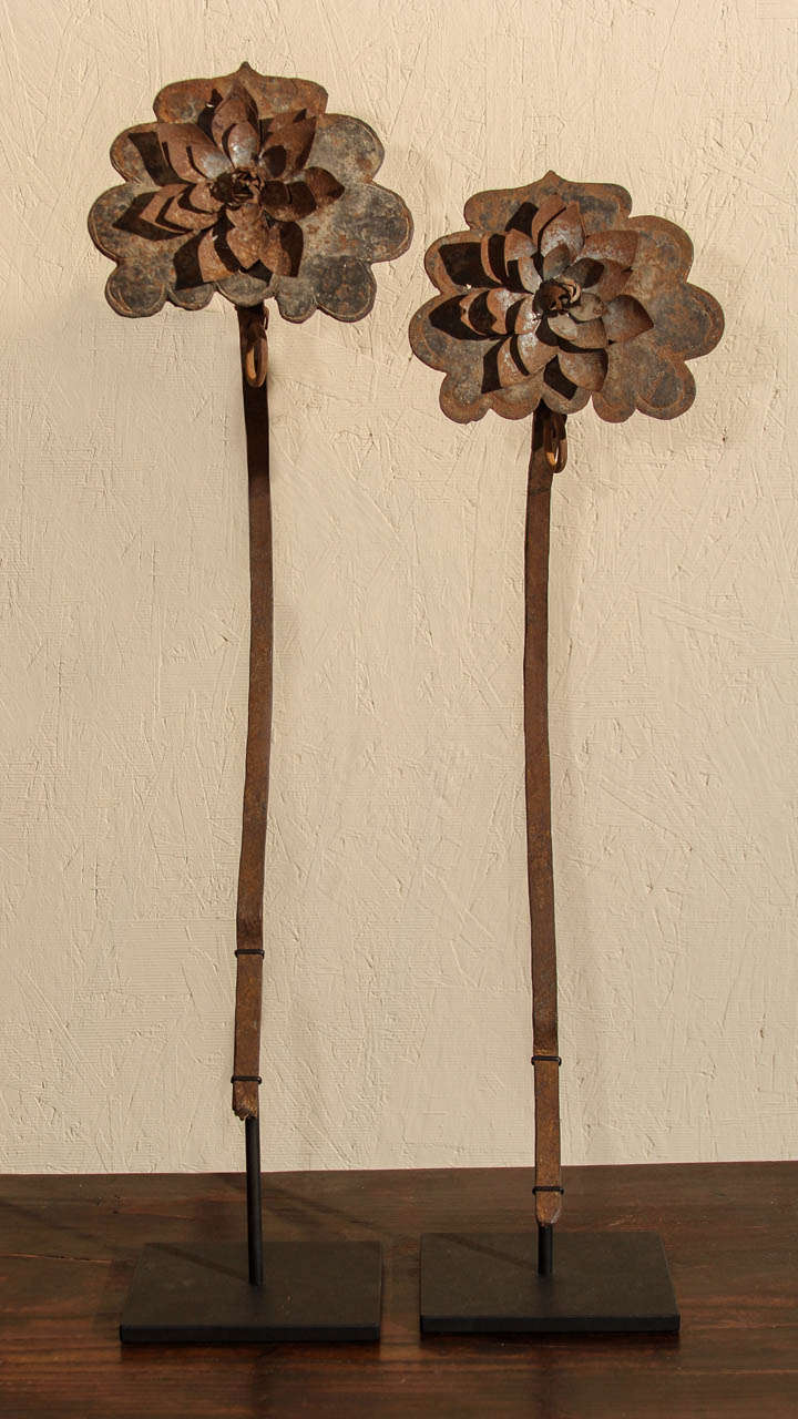 Chinese iron lotus flower ornaments. The layered petals on long stems with rings at the top.
Shanxi Province
Late 19th - 20th century
24 and 26