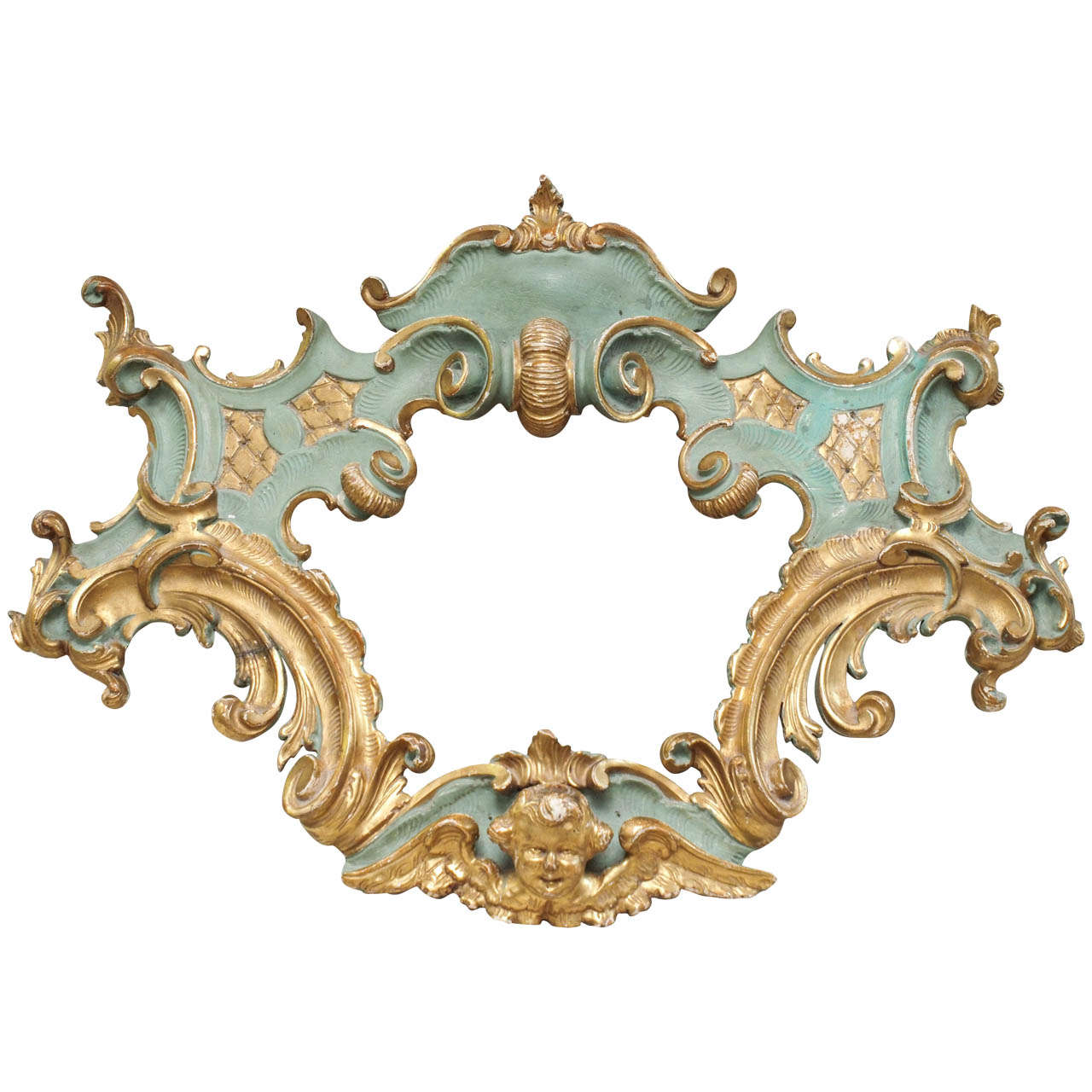 19th Century Italian Rococo Style Carved and Painted, Parcel Gilt Wood Cartouche For Sale
