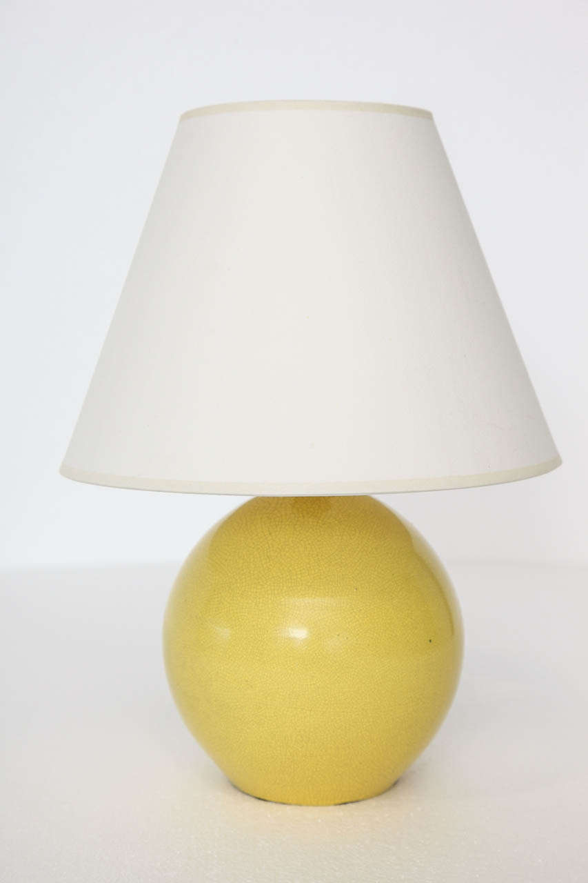 Small table lamp with crackled yellow glaze with new custom linen shade.