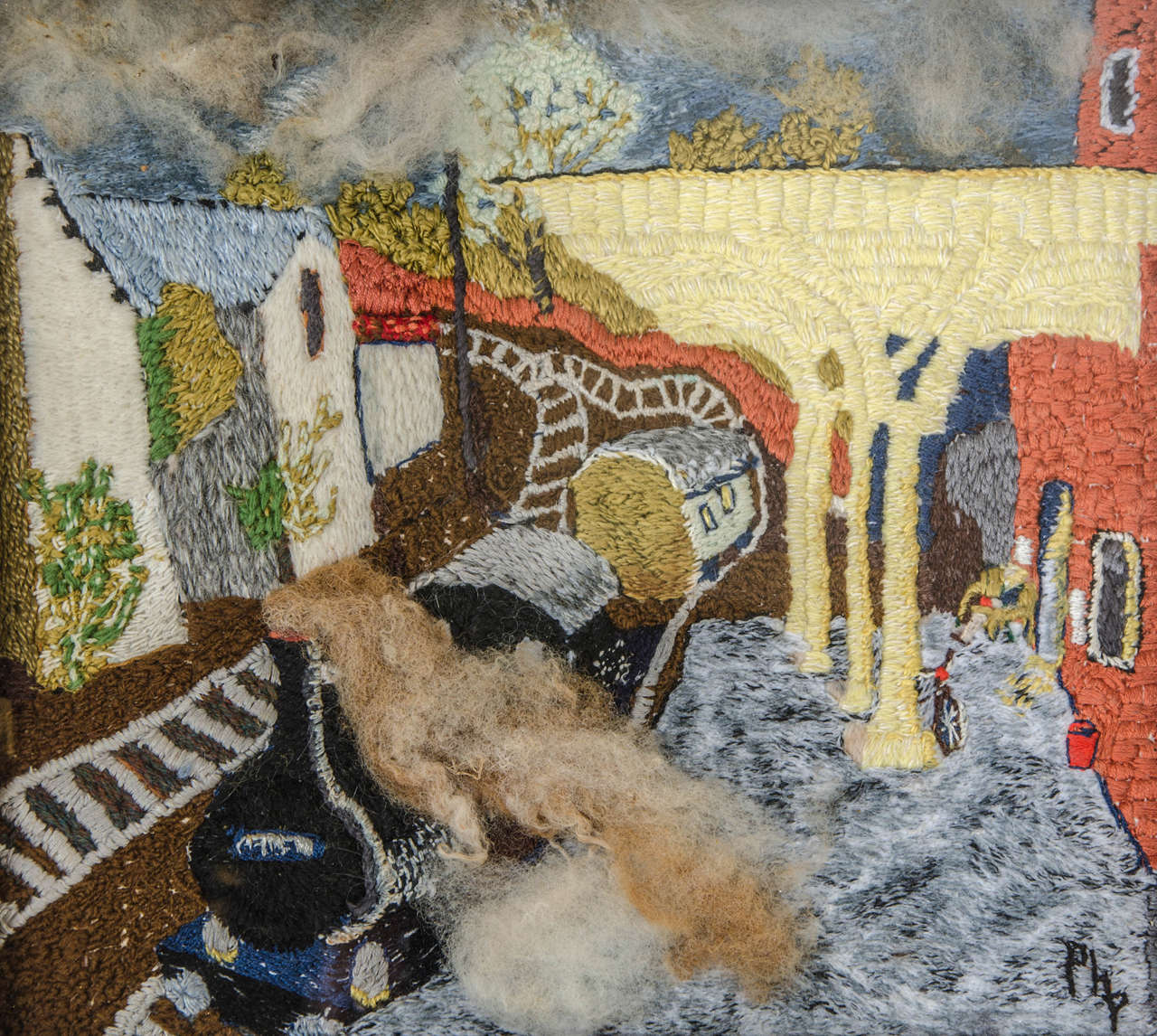 Folk Art Woolwork Picture of a Train Leaving a Station For Sale