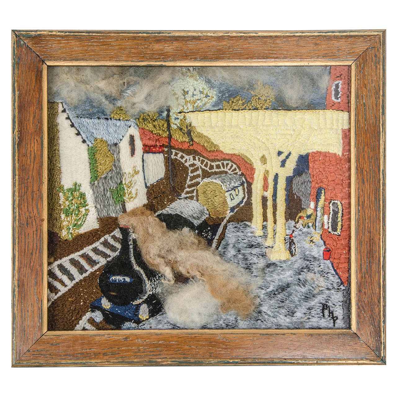 Woolwork Picture of a Train Leaving a Station For Sale