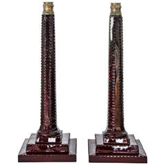 Pair of Modern Hand-Cut Red Glass Columned Table Lamps