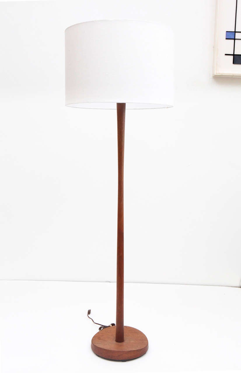 Original Danish wooden floor lamp with white lampshade.