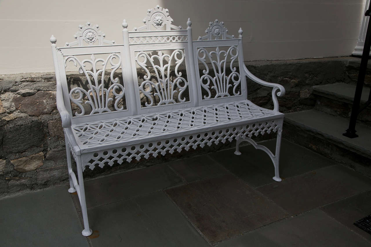 A lovely cast iron garden bench produced by the Philadelphia foundry Brines Chase & Co. The bench has been restored and powder coated.