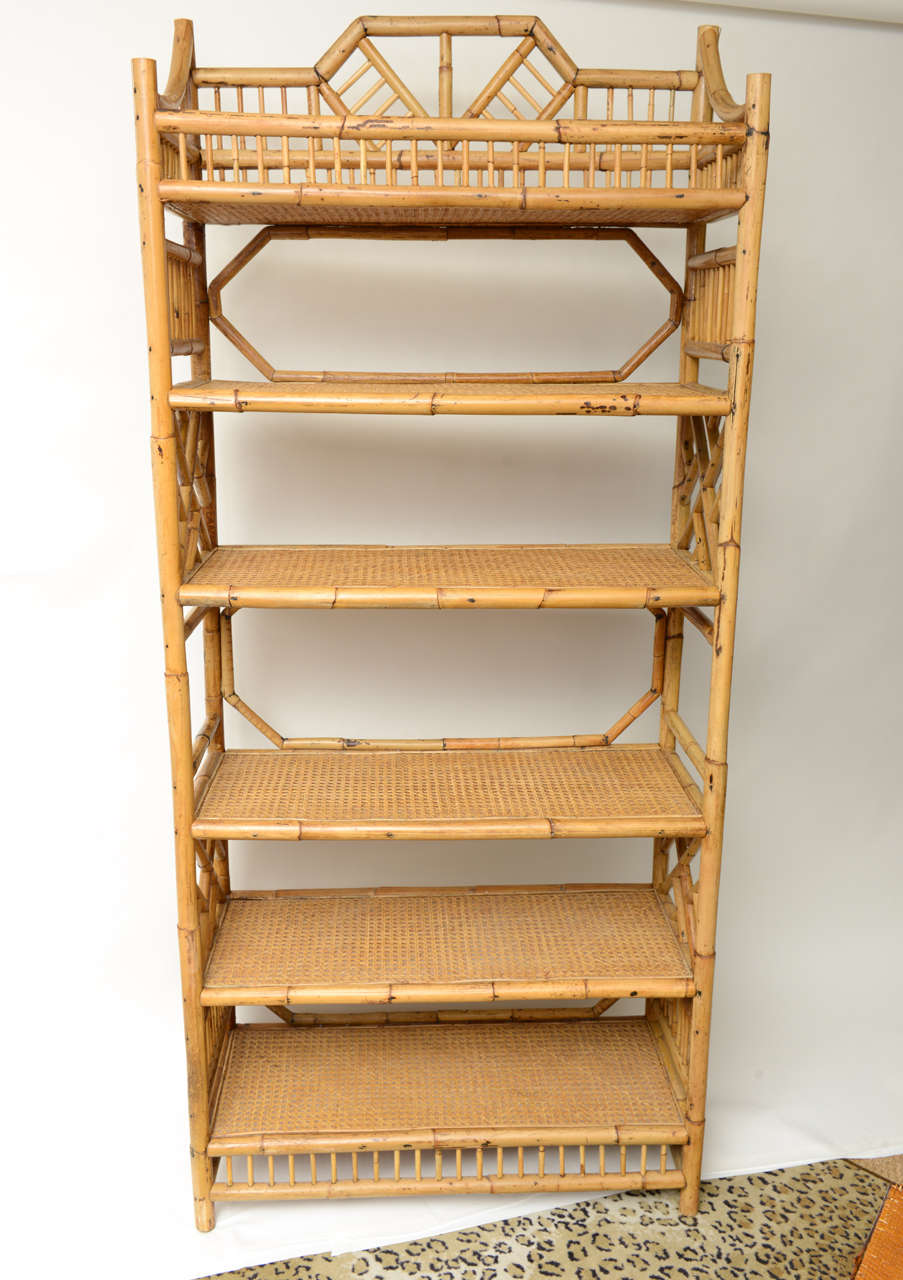 Pair of six beautiful tier vintage bamboo and canes etageres with plenty of bamboo details.
Great for bookcase too!