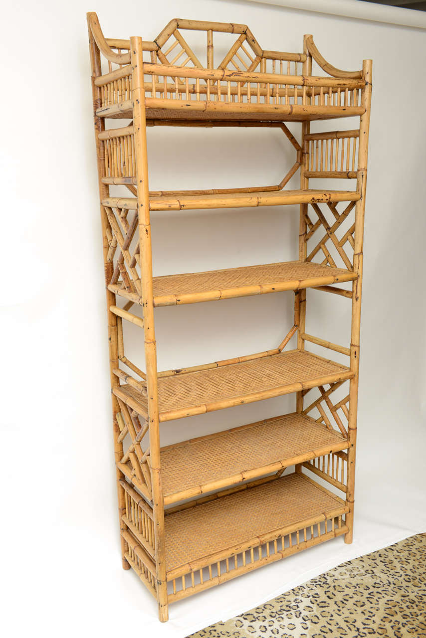 Pair of Large Six Tier Vintage Bamboo and Caned Etageres In Excellent Condition In West Palm Beach, FL