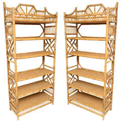 Pair of Large Six Tier Vintage Bamboo and Caned Etageres