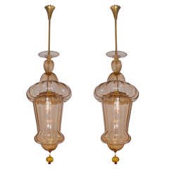 Pair Of Amber Colored Murano Glass Lanterns