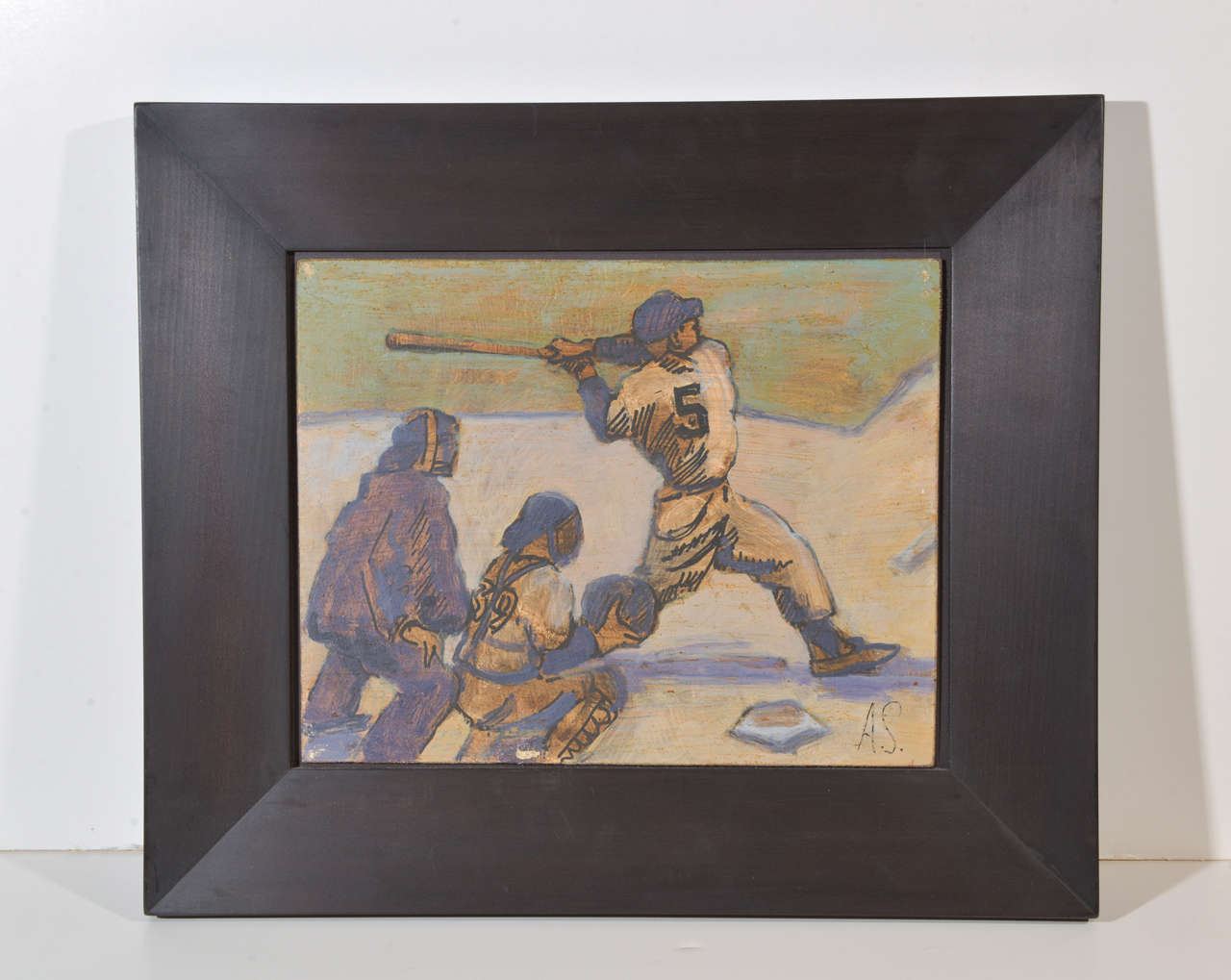 Oil/ink on board depiction of Joltin' Joe's HR in the decisive game 5 Yankee win.  Attributed to Arthur Smith, signed A. S. (see disclaimer BELOW).
Smith is collectable primarily for his depictions of vintage Boxing and Baseball works.  This is a