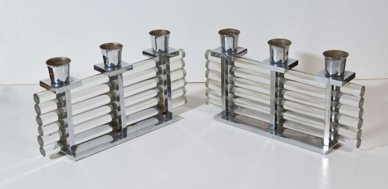 American Machine Age Art Deco Pair of Candelabrum Attributed to James Amster, circa 1930 For Sale