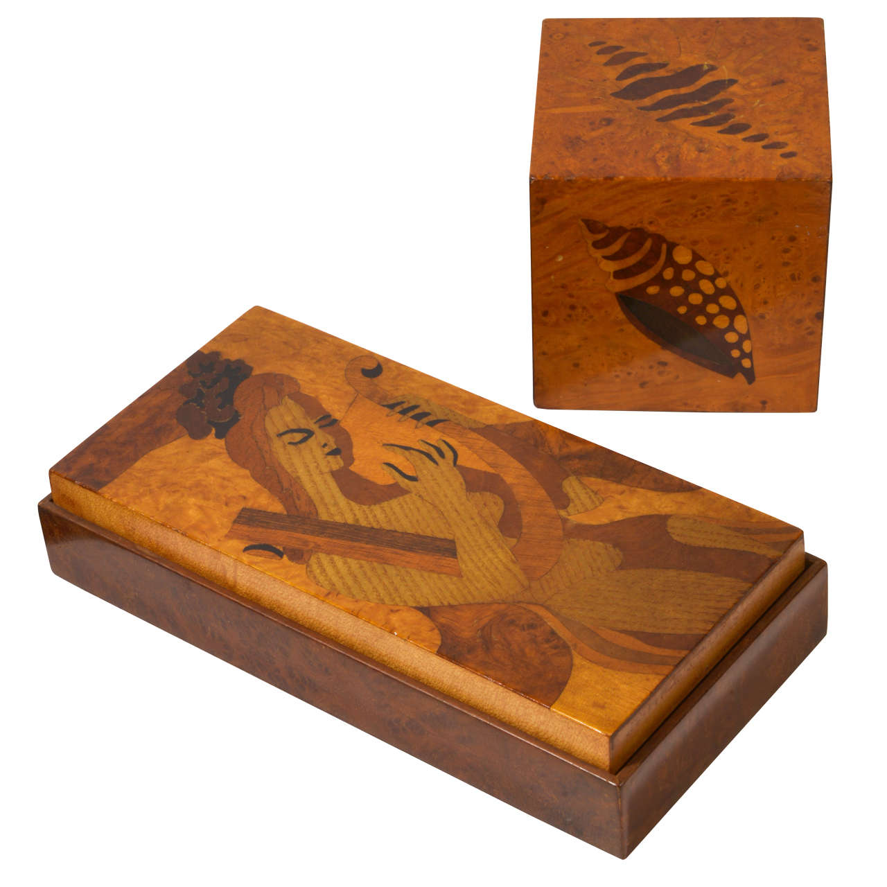 Andrew Szoeke Art Deco Mid Century Modern mixed wood Marquetry Pieces For Sale