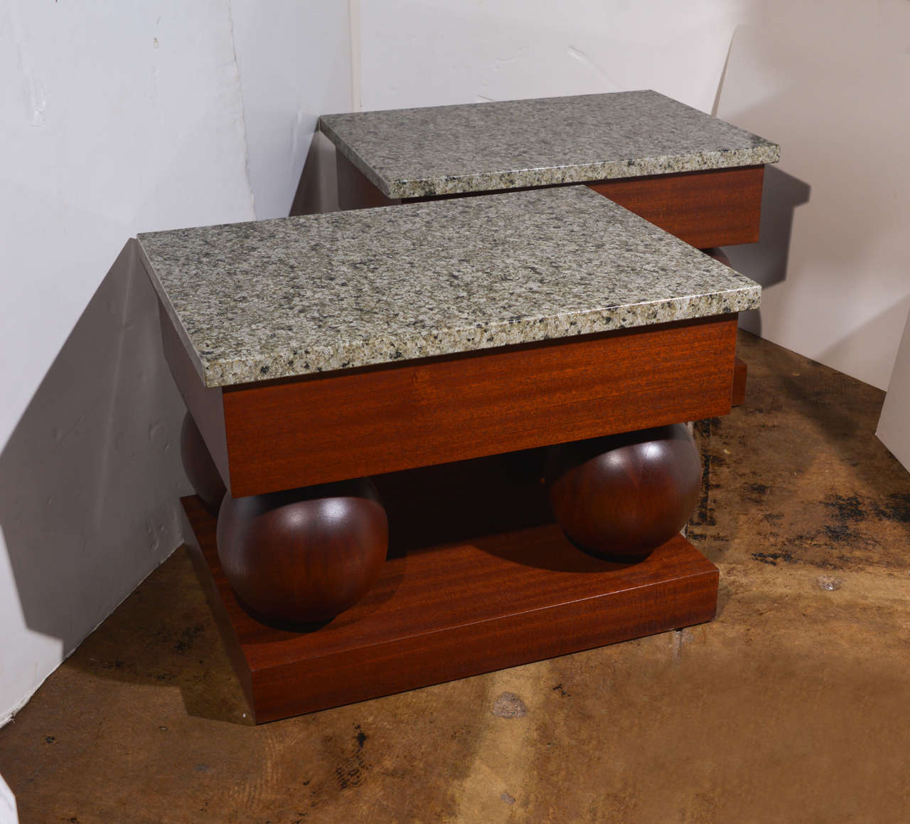 Matched original pair modern end tables.
Original mahogany veneer with 4 solid mahogany laminated ball supports.  
New removable seafoam green flat-polished granite tops.
Built like tanks

PRICED PER PAIR.
