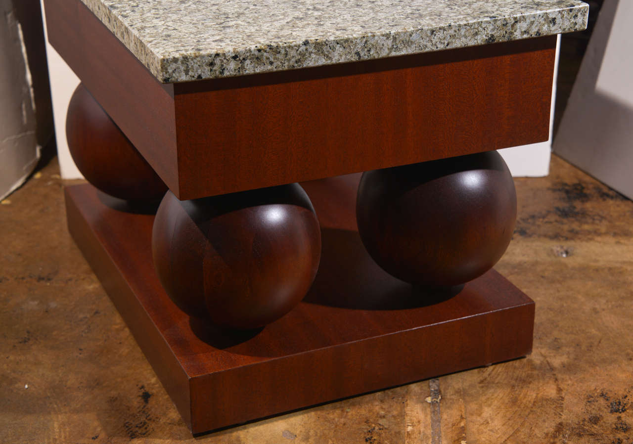 Stylish pair Modernist mid century modern mahogany and granite end tables For Sale 1