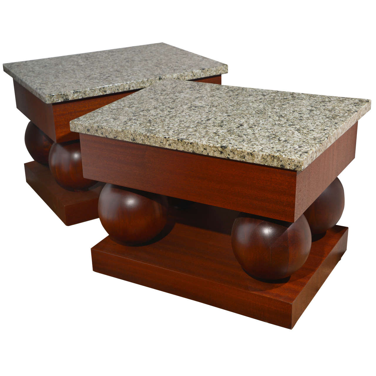 Stylish pair Modernist mid century modern mahogany and granite end tables For Sale