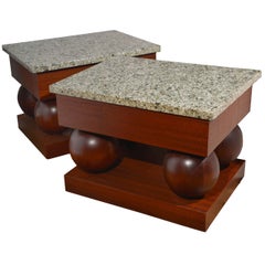Stylish pair Modernist mid century modern mahogany and granite end tables