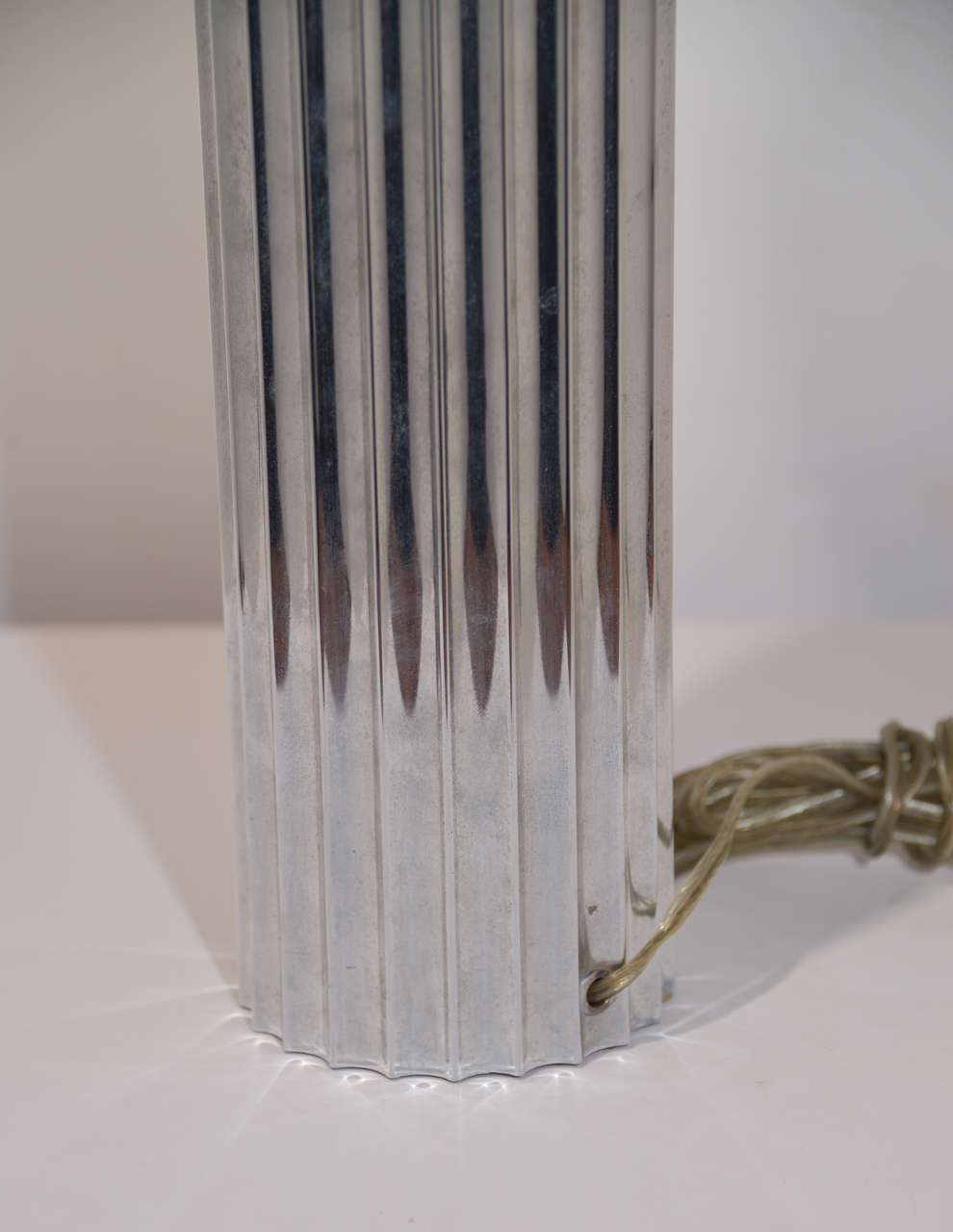 Glass Machine Age Art Deco Pair Von Nessen, Nessen Studio Fluted Chrome Table Lamps For Sale