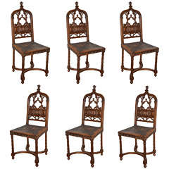 Set of Six Hand-Carved Gothic Revival Side Chairs