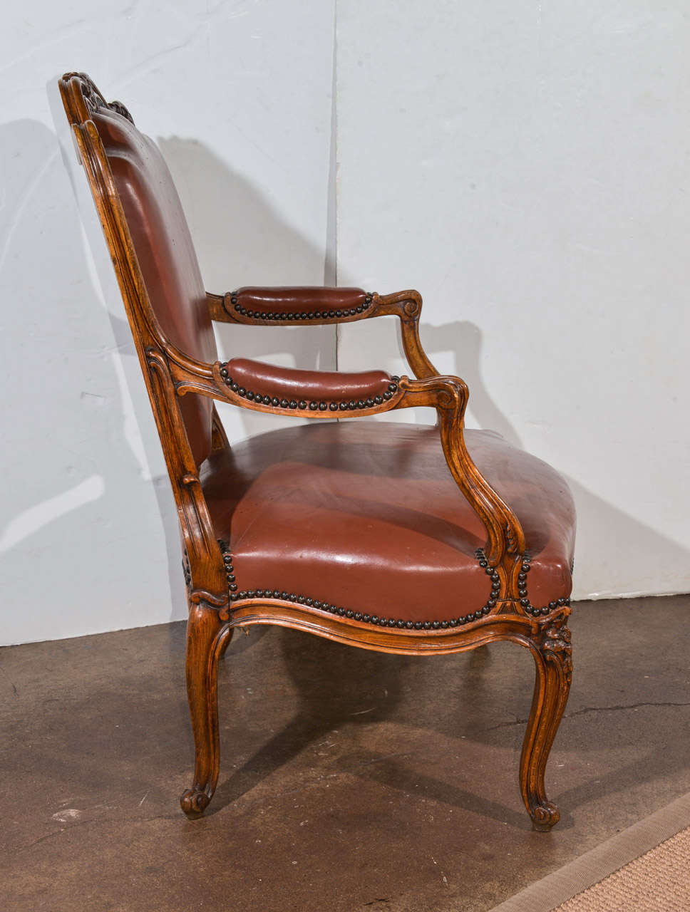 Leather Pair of French Carved Chairs For Sale