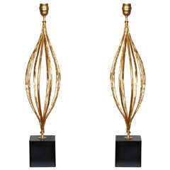 Retro Great Pair of Gilt Wrought Iron Lamps