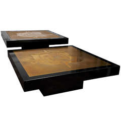 Awesome Pair of Large Matching Brass Cocktail Tables Attributed to Willy Daro 1