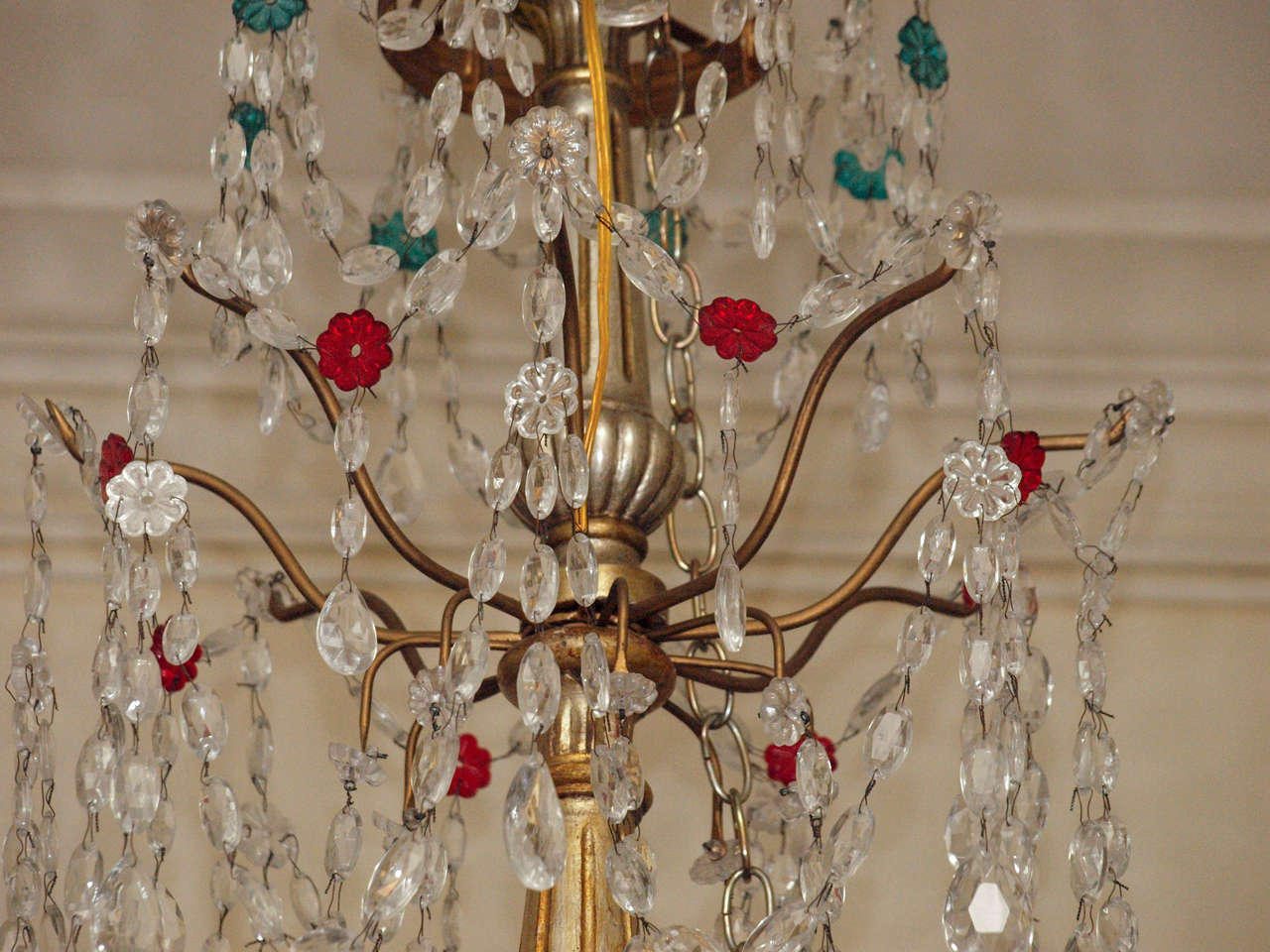 19th c Italian gilt wood And Crystal Eight Light Chandelier, electrified 1